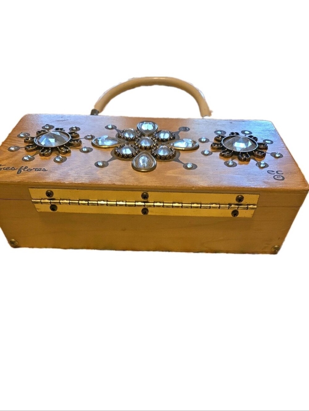 Vtg Enid Collins Tres Flores Wooden Rhinestone Handbag Box Bag Purse - Picture 5 of 13